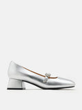 PAZZION, Kamielle Embellished Buckle Mary Jane Heels, Silver
