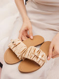PAZZION, Maribel Ruched Satin Slide Sandals, Almond