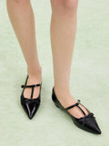 PAZZION, Stevie T-Bar Pointed Toe Bow Flats, Black